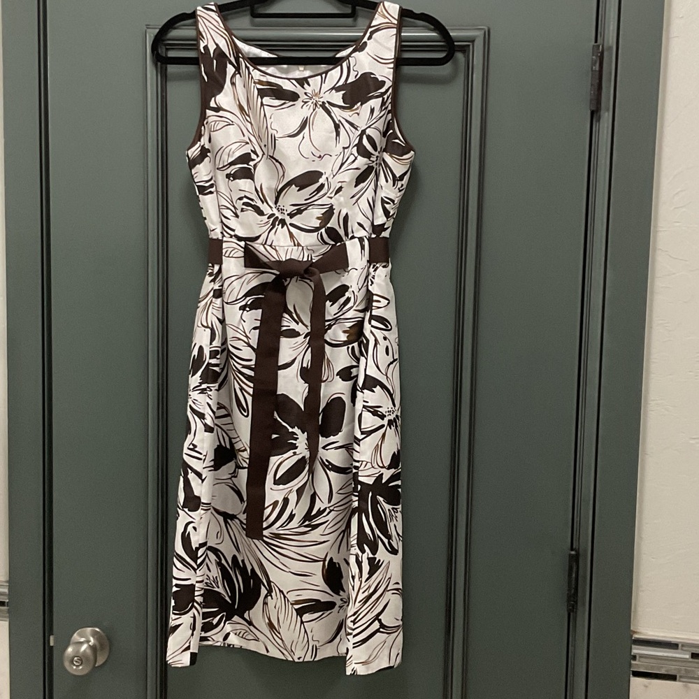 Sheri Martin NY White and Brown Floral Tie-Waist Midi Dress